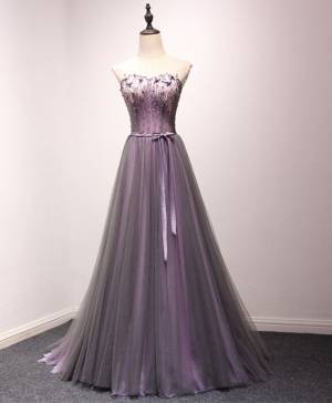 Purple Tulle Sweetheart Long Prom Evening Dress