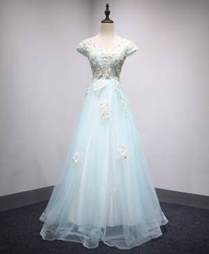 Blue Lace Tulle Long Prom Evening Dress