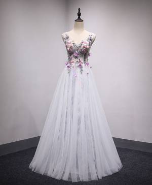 White Tulle V-neck Long Prom Formal Dress