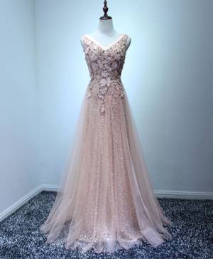 Pink Tulle With Swquins Long Prom Evening Dress