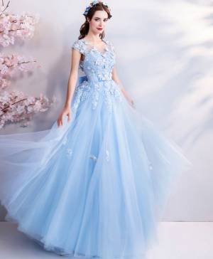 Sky Blue/Blue Lace Tulle Long Prom Evening Dress