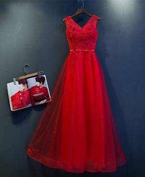 Red Lace Tulle V-neck Long Prom Evening Dress