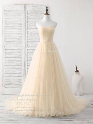 Champagne Tulle Sweetheart Simple Long Prom Evening Dress