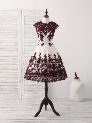 Burgundy Lace Tulle Short/Mini Prom Bridesmaid Dress