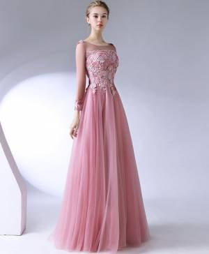 Pink Lace Tulle Long-sleeves Long Prom Evening Dress