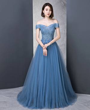 Blue Tulle Off-the-shoulder Long Prom Evening Dress