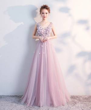 Tulle V-neck Cute Long Prom Evening Dress