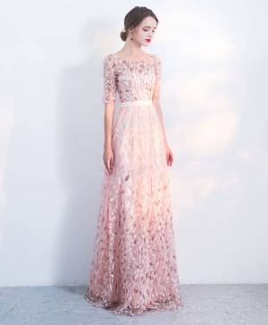 Pink Tulle With Sequins Elegant Long Prom Evening Dress