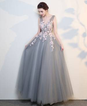 Gray/Grey Lace V-neck Long Prom Evening Dress