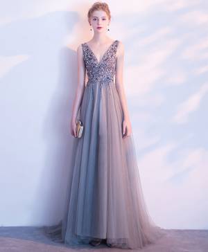 Gray Tulle V-neck With Beaded Long Prom Evening Dress