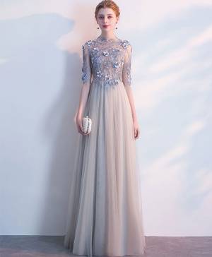 Gray Lace Long-sleeves Long Prom Evening Dress