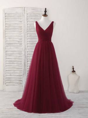 Burgundy Tulle V-neck Simple Long Prom Evening Dress