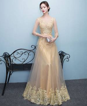 Gold Lace Tulle Long Prom Evening Dress