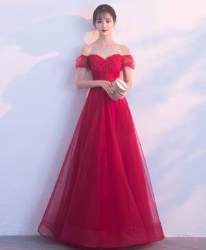 Burgundy Lace Tulle Long Prom Evening Dress