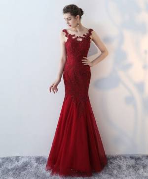 Burgundy Lace Long Mermaid Prom Evening Dress