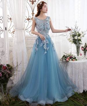 Blue Lace Round Neck Long Prom Evening Dress