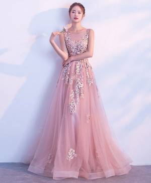 Pink Tulle Lace Round Neck Long Prom Evening Dress
