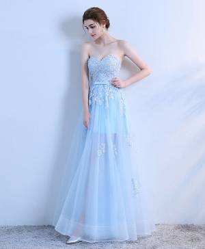 Sky Blue Lace Long Prom Evening Dress