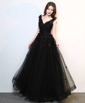 Tulle Lace A-line Long Prom Evening Dress