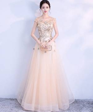 Champagne Lace Long Prom Evening Dress