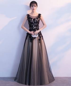 Black Tulle Round Neck Long Prom Evening Dress