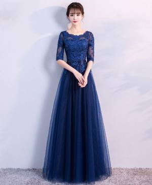 Blue Tulle Lace Long Prom Evening Dress