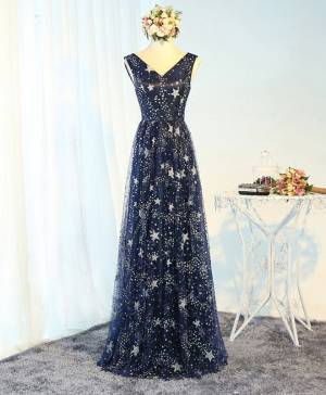 Blue V-neck Long Prom Evening Dress