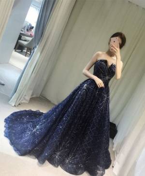 Blue Ball Gown Long Prom Evening Formal Dress