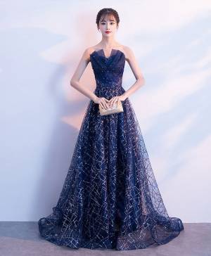 Blue Lace Tulle Elegant Long Prom Evening Dress