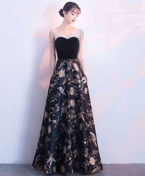 Black With Floral Pattern Long Prom Evening Dress