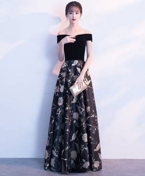 Black Off-the-shoulder With Floral Pattern Long Prom Evening Dress