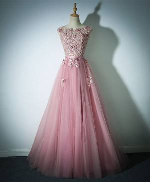 Pink Lace Tulle Long Prom Evening Dress