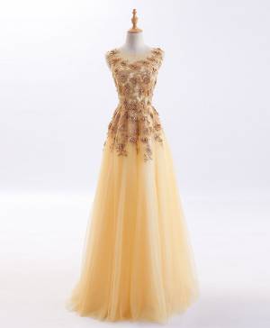 Tulle A-line With Applique Long Prom Evening Dress