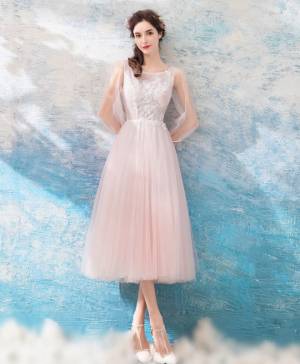 Pink Lace Tulle Round Neck Short/Mini Prom Evening Dress