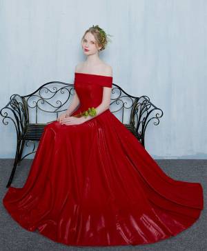Burgundy Off-the-shoulder Ball Gown Long Prom Formal Dress