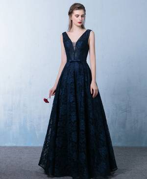 Dark/Blue Lace V-neck Elegant Long Prom Evening Dress
