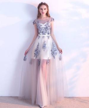 Gray Tulle Lace Long Prom Evening Dress
