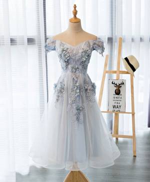 Gray Lace Off-the-shoulder Short/Mini Prom Homecoming Dress