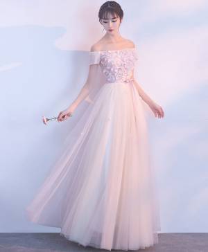 Pink Tulle Off-the-shoulder Long Prom Evening Dress