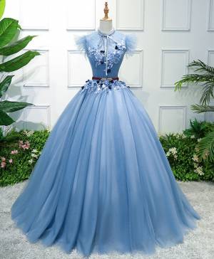 Blue Tulle High Neck Long Prom Evening Dress
