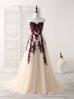 Burgundy Tulle Lace Sweetheart A-line With Applique Long Prom Bridesmaid Dress