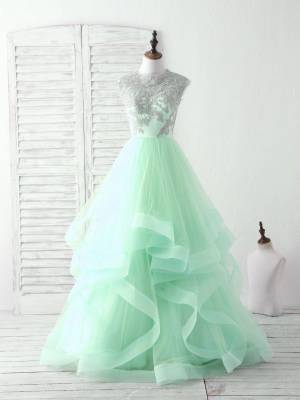 Green/Blue Tulle Lace With Applique Long Prom Sweet 16 Dress