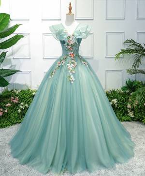 Princess Green Tulle V-neck Long Prom Dress