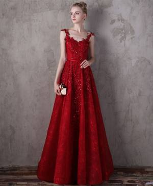 Burgundy Lace Stylish Long Prom Evening Dress
