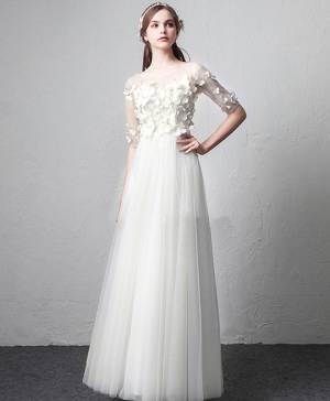 White Tulle Round Neck Long Prom Evening Dress