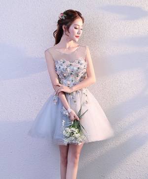 Gray Tulle Round Neck Short/Mini Prom Formal Dress