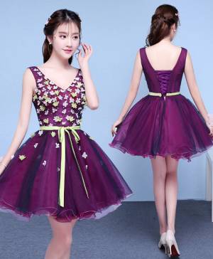 Purple Tulle V-neck Short/Mini Prom Homecoming Dress