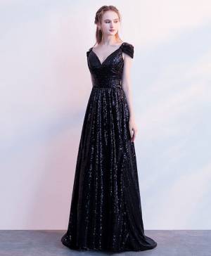 Black Off-the-shoulder With Sequins Long Prom Evening Dress