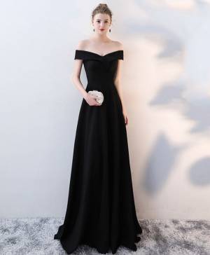 Simple Off Shoulder V-neck Long Black Tulle Prom Dress