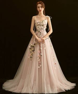 Pink Lace V-neck Long Prom Evening Dress